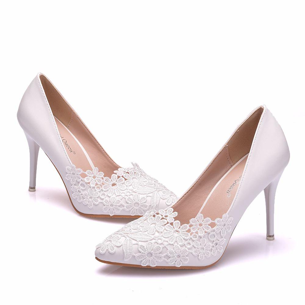 Crystal Queen White Lace Flower Pumps womens Elegant Wedding Shoes Bride High Heels Platform Ladies Wedges Party Dress Shoes