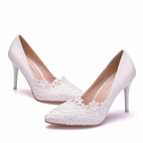 Crystal Queen White Lace Flower Pumps womens Elegant Wedding Shoes Bride High Heels Platform Ladies Wedges Party Dress Shoes