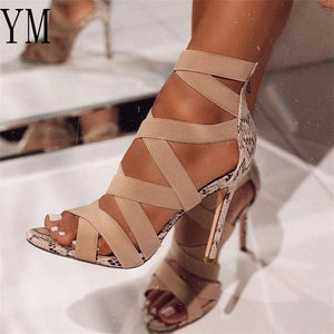 2020 Women Sandalias Mujer Women's Ladies Pumps Fashion Bandage Patchwork Mixed Colors Snake High Heels Sandals Casual Shoe 43