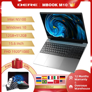 DERE Laptop MBook M10 15.6 Inch Intel Celeron N5100 12G 512G FHD 1920*1080 Notebook Computer Windows 10 Mini PC Students