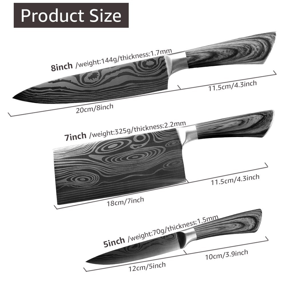 Kitchen Knife 5 7 8 Inch 1-3Pcs Set Stainless Steel Chef Santoku Imitated Damascus Pattern Cleaver Meat Vegetable Cooking Tool