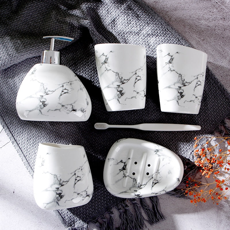 Wedding Gift Nordic Marble Texture Ceramic Bathroom Accessories Set/Soap Dispenser/Toothbrush Holder/Melamine Tray