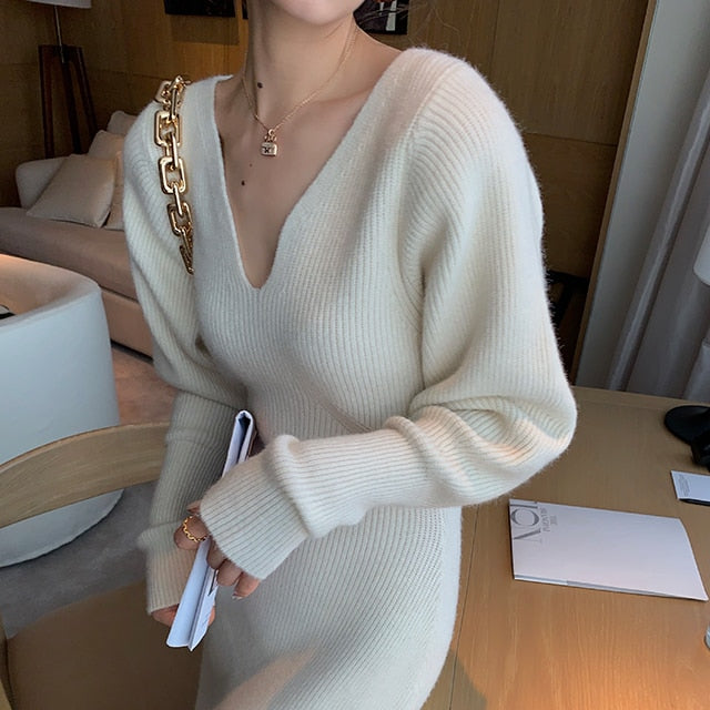 Elegant Long White Knitting Dress Women Winter V-Neck Long Sleeve Bodycon Dress Korean Office Lady High Waist Vintage Dress 2021