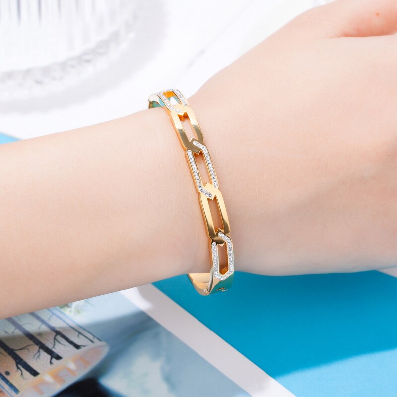 Exquisite Zircon Chain Shape Bracelets & Bangle Stainless Steel Woman Trendy Brand Bangle Gold Plated Jewelry Pulseira Wholesale