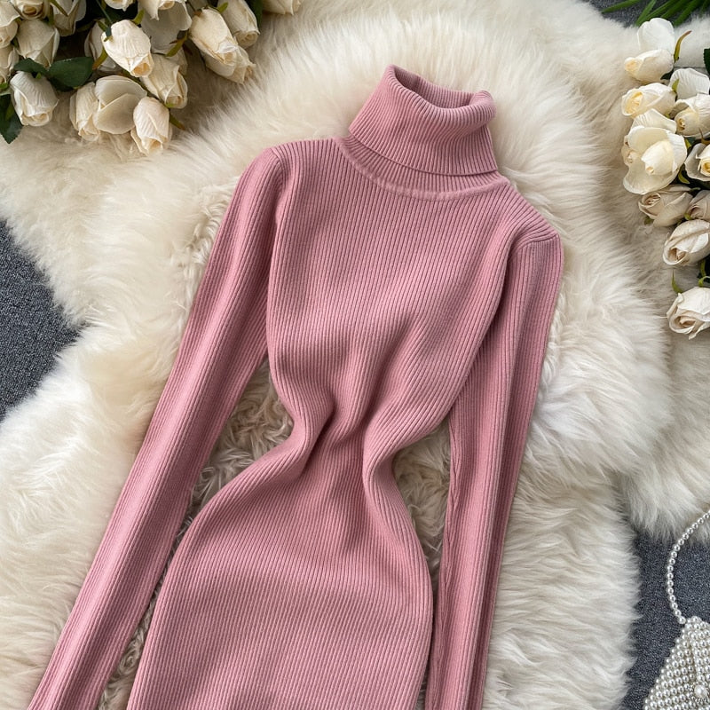 Dresses for Women 2022 Sexy Turtleneck Knitted Bodycon Dress Women Autumn Winter Long Sleeve Sweater Dress