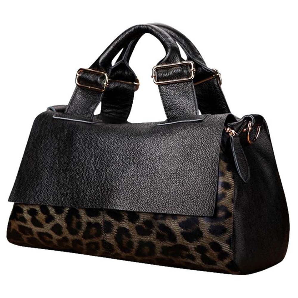 Fashion Genuine Leather Big Tote Handbags Leopard Pattern Soft Cowhide Travel Tote Ladies Long Strap Shoulder Weekend Bags