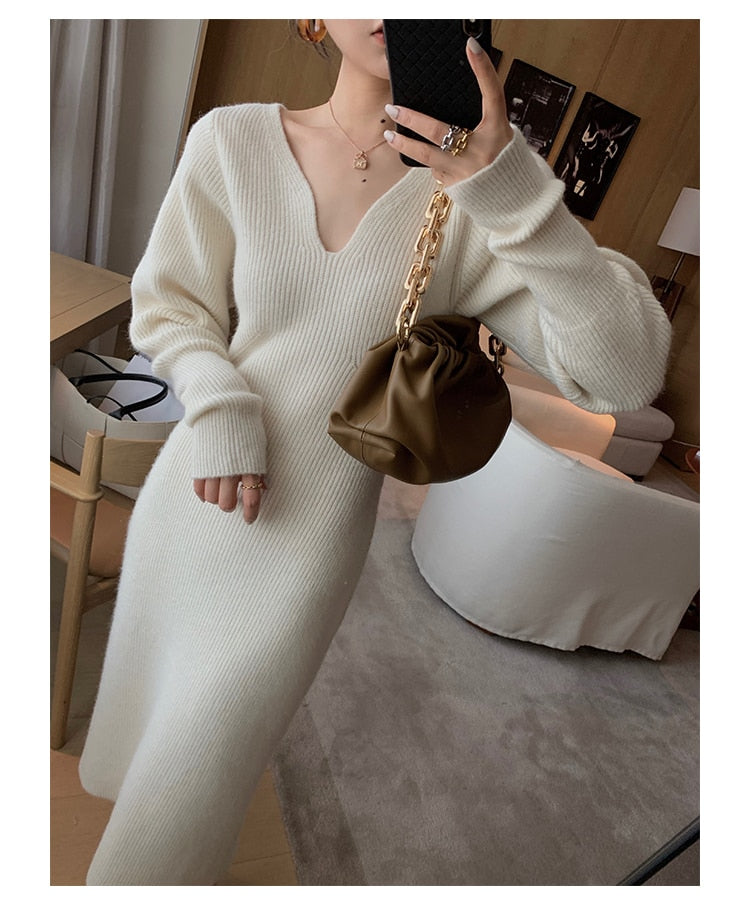 Elegant Long White Knitting Dress Women Winter V-Neck Long Sleeve Bodycon Dress Korean Office Lady High Waist Vintage Dress 2021