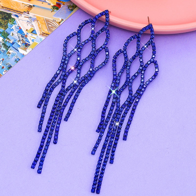 2022 New Trendy Crystal Long Tassel Earrings Blue Rhinestone Waterdrop Dangle Drop Earrings Eardrop For Women Jewelry Gift