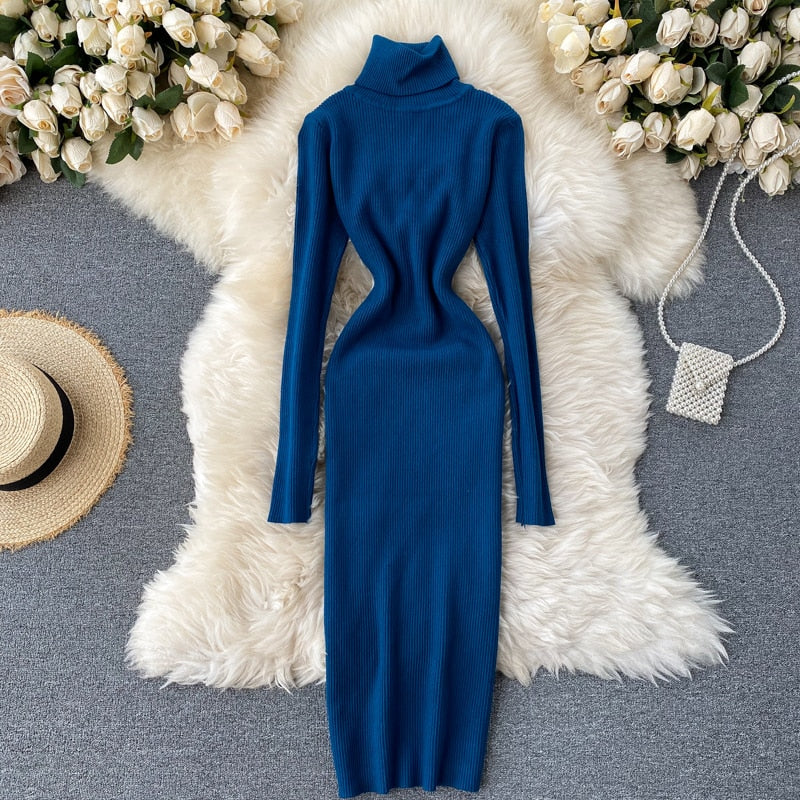 Dresses for Women 2022 Sexy Turtleneck Knitted Bodycon Dress Women Autumn Winter Long Sleeve Sweater Dress