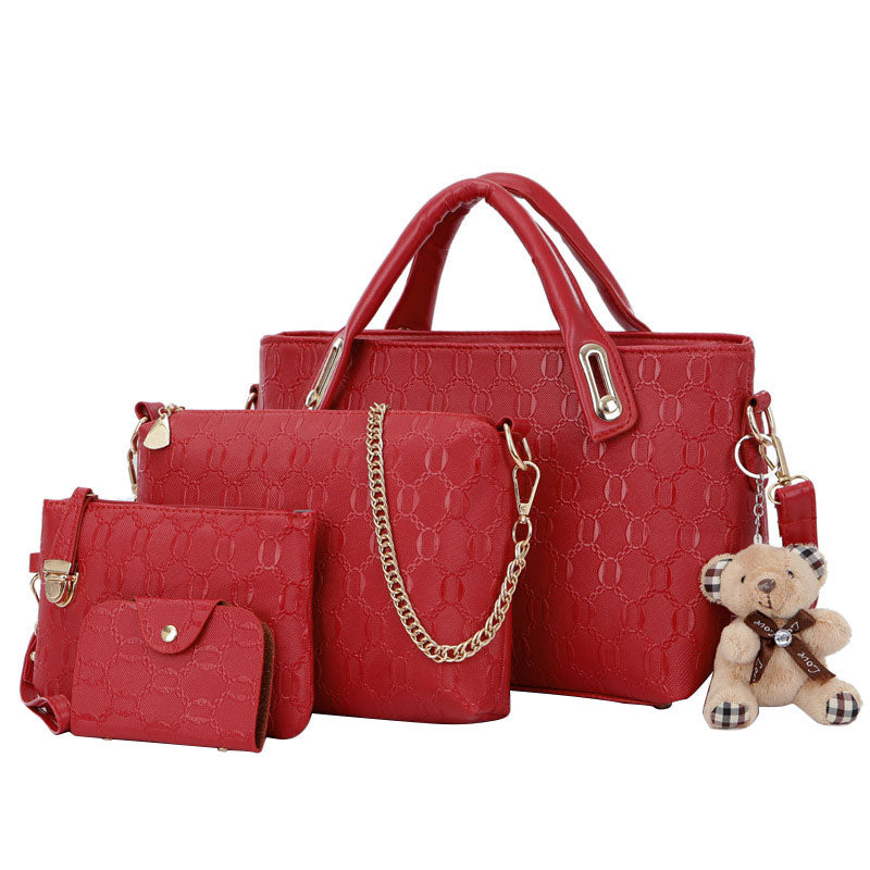 4Pcs/Set Elegant Ladies Bear Pendant Handbag Shoulder Bag Girls Fashionable PU Leather Casual Messenger Tote Bag