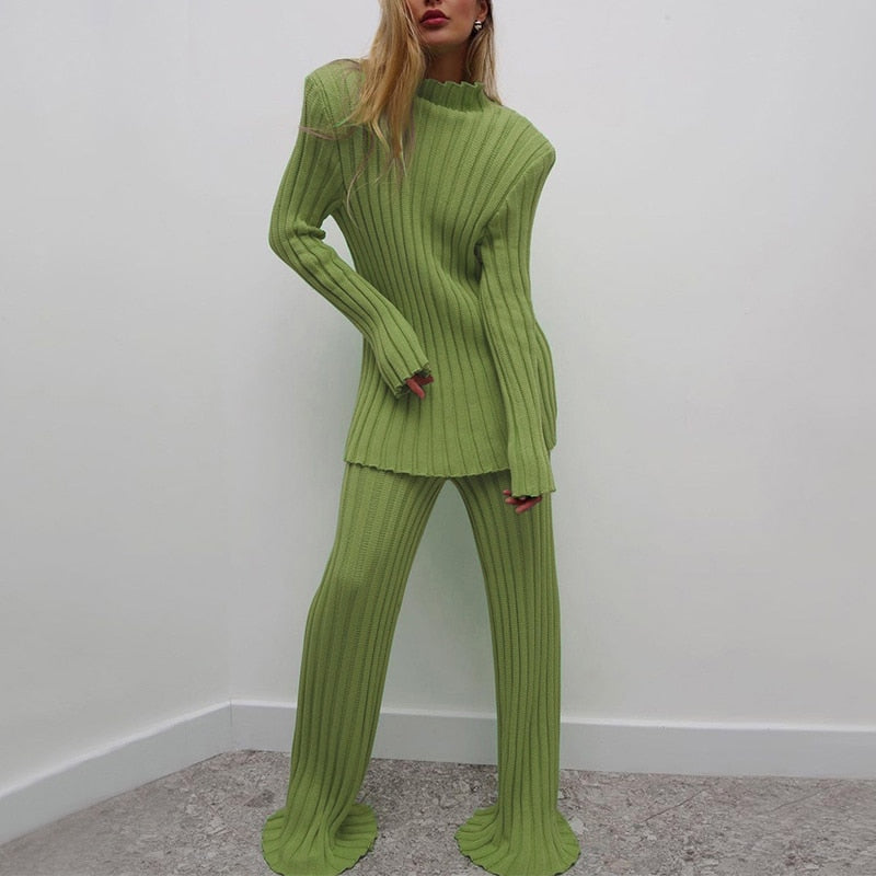 SpotLtWM Cotton Casual Women Knitted Two Piece Sets Ladies Slim Outfits Solid Striped Turtleneck Sweater And Elastic Pant Suits