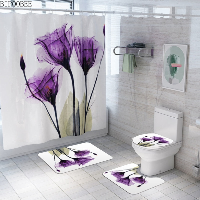 Colorful Tulip Lotus Flowers Trees Shower Curtain Sets Non-Slip Rugs Toilet Lid Cover and Bath Mat Waterproof Bathroom Curtains