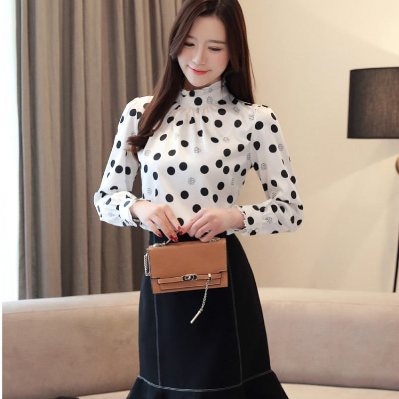 Plus size 2019 Autumn Fashion Women Chiffon Shirts Long Sleeve Polka Dot ruffless Women Blouses Casual Stand Collar Women Tops