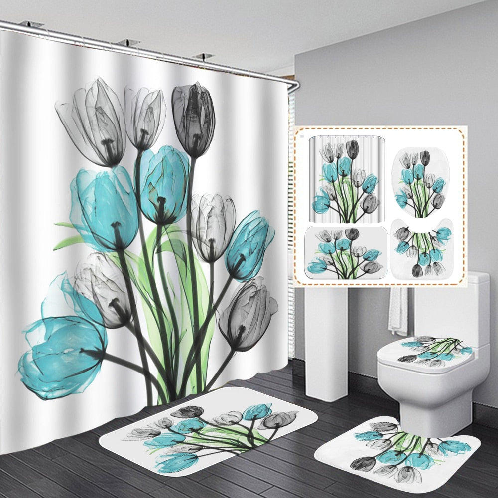 Colorful Tulip Lotus Flowers Trees Shower Curtain Sets Non-Slip Rugs Toilet Lid Cover and Bath Mat Waterproof Bathroom Curtains