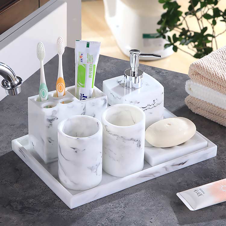 Nordic Bathroom Set Marble Pattern Resin Washroom Accessories Toothbrush Holder Soap Dispenser Soap Dish Bathroom Tray for Weddi