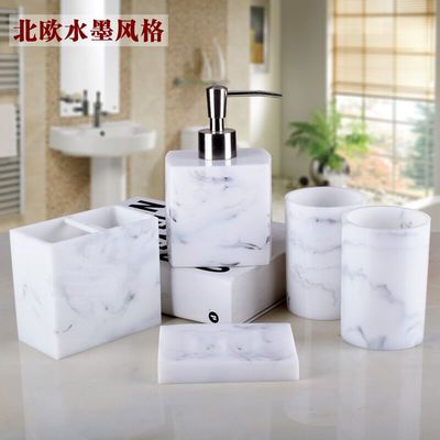 Luxury Resin Bathroom Accessories Set Tray 5pcs Set Nordic White Marble Texture Resin Bathroom Kit Soap Dispenser Storage Tray