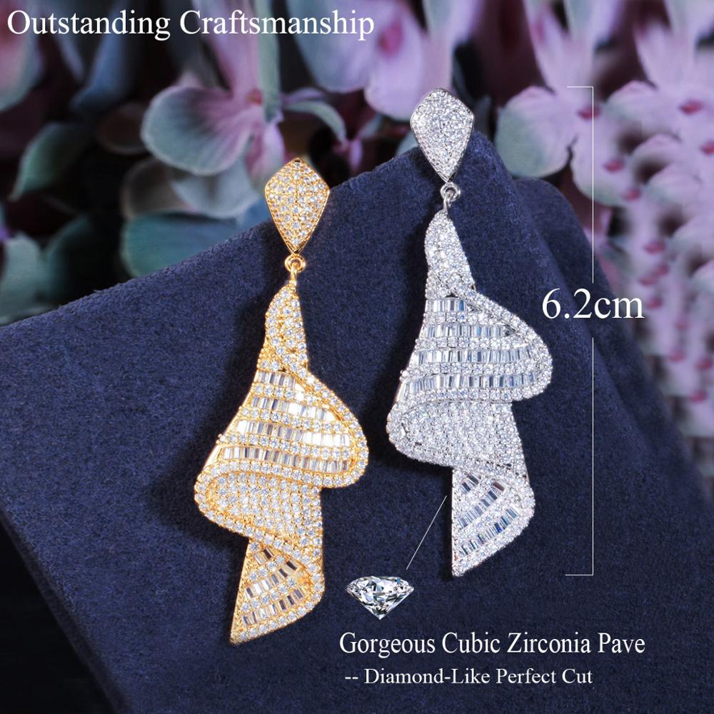 CWWZircons Geometric Sparkling Fancy White Cubic Zirconia Big Long Drop Earrings for Women Dubai Gold Color Bridal Jewelry