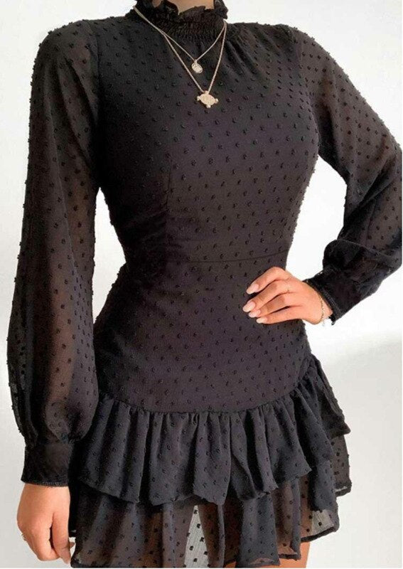 Elegant Black Long Sleeve Dress Women 2021 Chiffon Lace Casual Ruffle Office Dresses Ladies Mini Sundress Vestidos Mujer