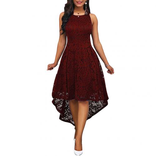 Floral Lace Women Solid Color Sleeveless Irregular Hem Formal Party Midi Dress Women's Sexy Dresses Formal Knee Length Round