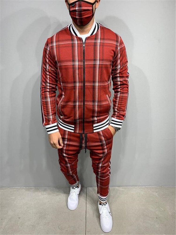 2021 New gyms Men's Sets 2 Pieces Sets Tracksuit Men's Jackets+Pants suit Sportwear Gentlemen Plaid Mens Sports Suit men Clothes