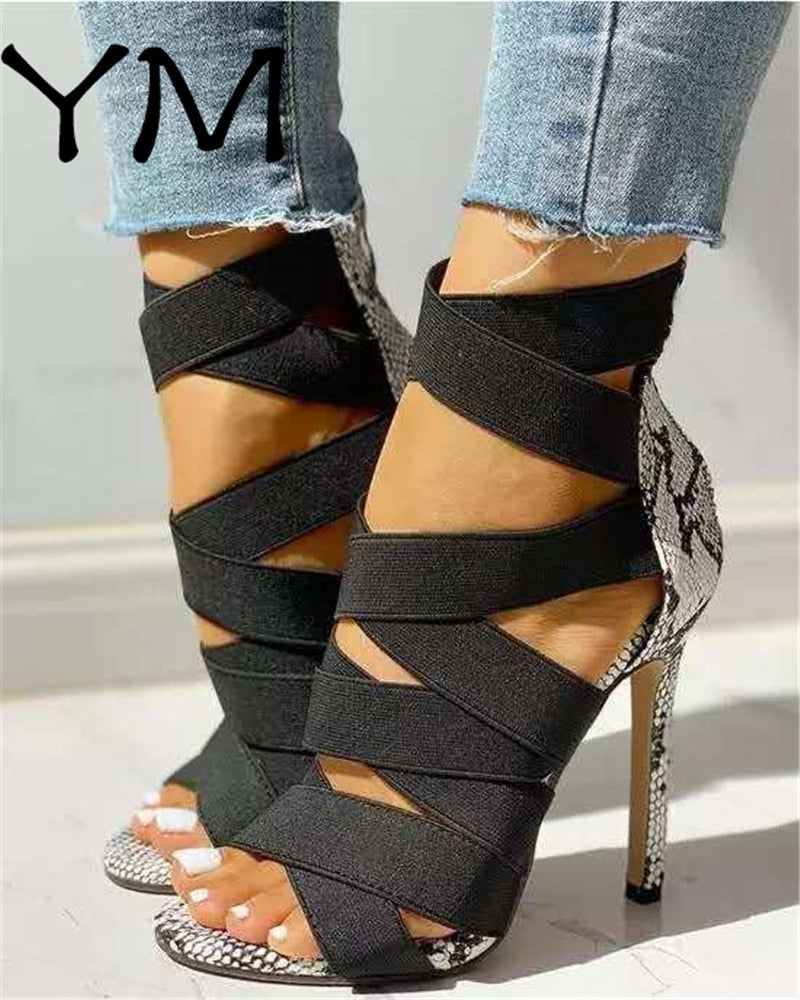 2020 Women Sandalias Mujer Women's Ladies Pumps Fashion Bandage Patchwork Mixed Colors Snake High Heels Sandals Casual Shoe 43