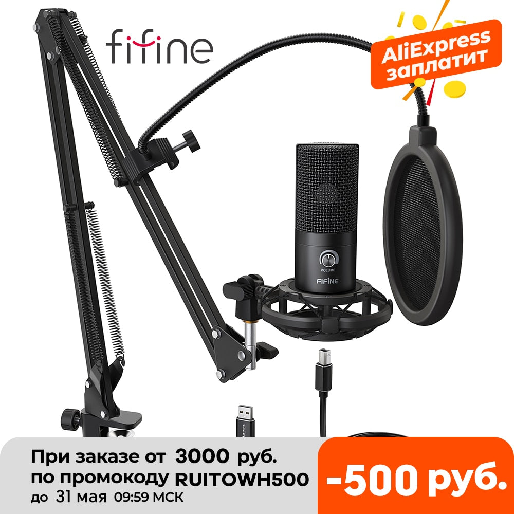 FIFINE Studio Condenser USB Computer Microphone Kit With Adjustable Scissor Arm Stand Shock Mount for YouTube Voice Overs-T669