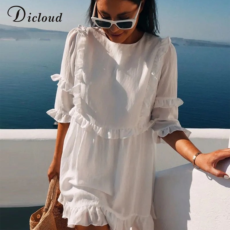 DICLOUD Casual Women White Mini Ruffle Summer Dress Women Short Sleeve Black Solid Loose Dress Beach Tunic Ladies Clothing