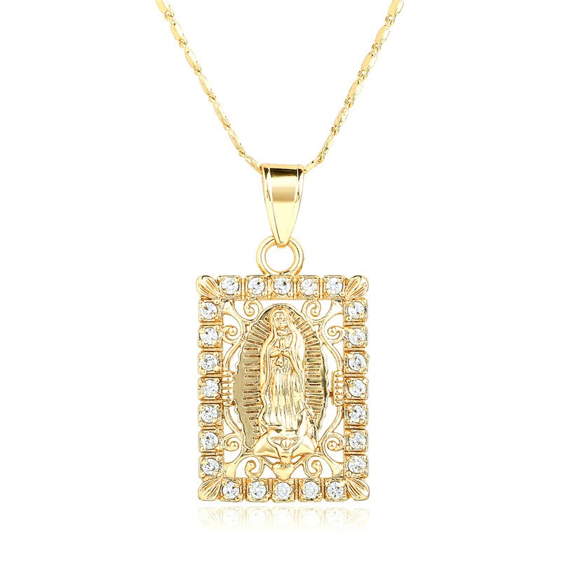 CWEEL Virgin Mary Necklace Gold Color Bijoux Imitation Crystal Statement Necklace Women Fashion Pendant Catholic Jewelry