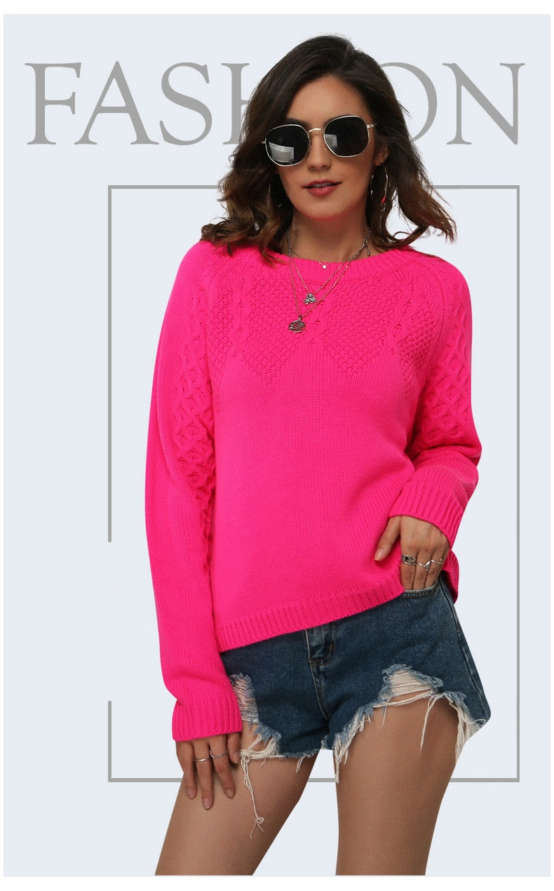 Women's Neon Sweaters Fluorescence Fuchsia Turtleneck Long Sleeve Pullovers Casual Loose O Neck Knitted Shirts Female Jumper