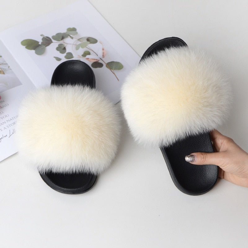 Women Summer Furry Fur Slippers Flat Non-slip Solid Real Fox Fur Slides Fluffy Slippers Ladies Shoes Woman Home Slipper