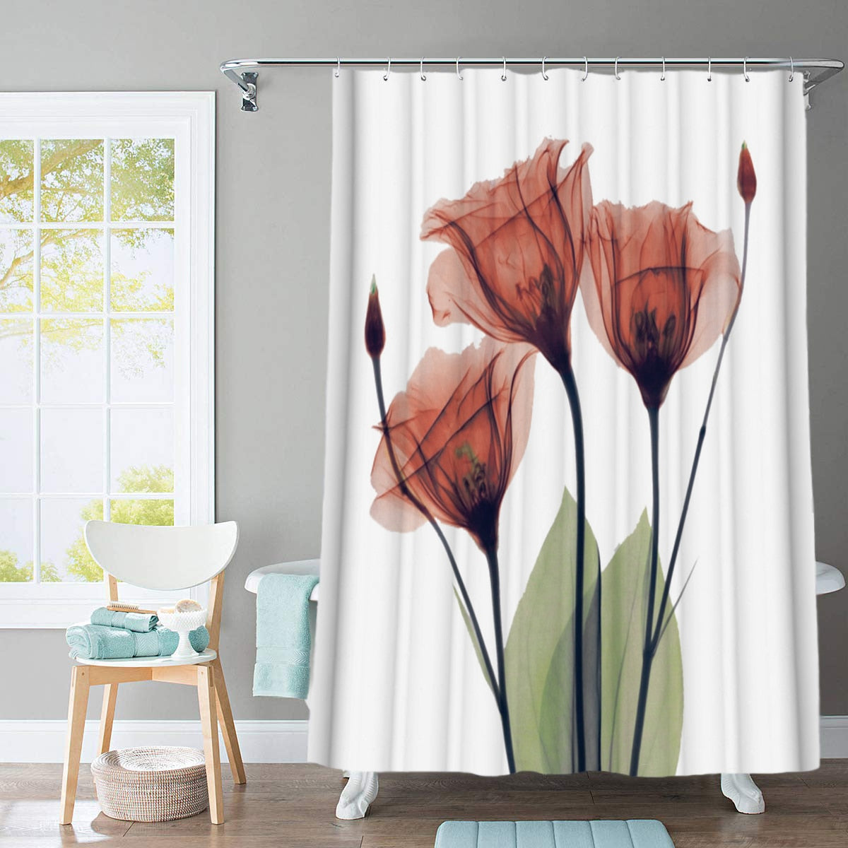 Colorful Tulip Lotus Flowers Trees Shower Curtain Sets Non-Slip Rugs Toilet Lid Cover and Bath Mat Waterproof Bathroom Curtains