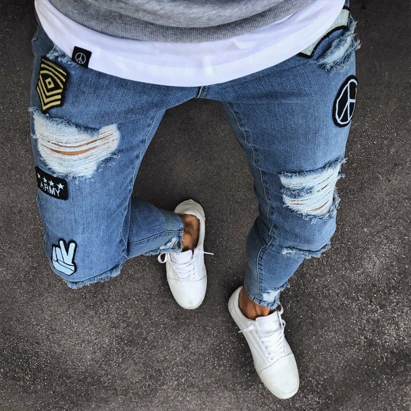 New Fashion Mens Skinny Jeans Rip Slim fit Stretch Denim Distress Frayed Biker Scratchted Hollow out Long Jeans Boy Zone