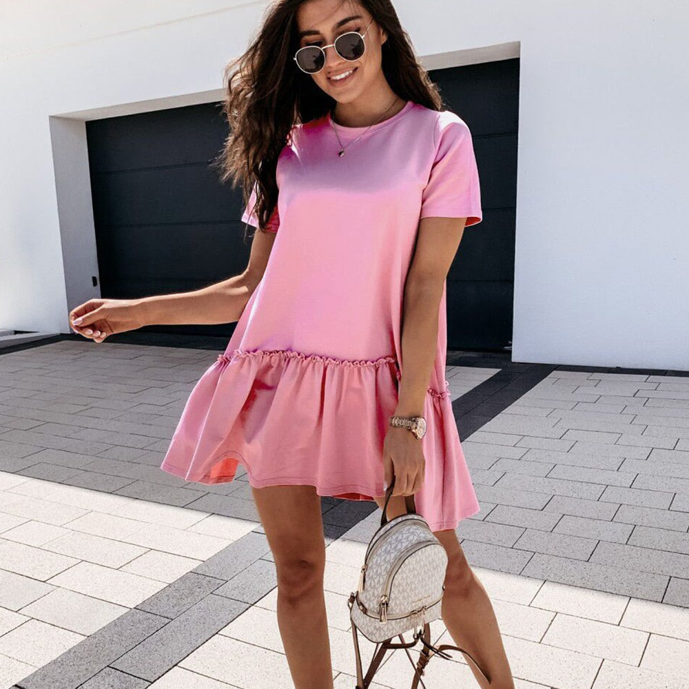 Loose Casual Short Sleeve Mini Dress Women 2021 Summer O-neck White Black Ruffles Big Hem Beach Dresses For Woman Femme Robe