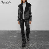 JusaHy Faux PU Leather Pleated High Waist Black Stacked Pant Women Slim Hipster Street Style Long Trousers Hot Sale Trend Female