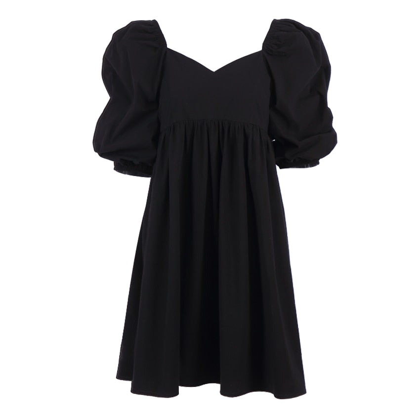 OOTN Square Neck Sexy Summer Mini Dress Short Sleeve Female High Waist Black Loose A Line Women Dress Puff Sleeve Blue Cotton