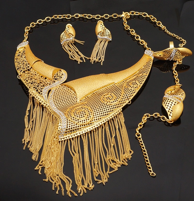 Fashion Gold Color Jewelry Sets African Bridal Big Jewelry sets Women Necklace Bracelet Earings Ring Wedding Gifts