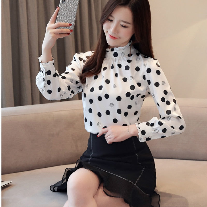 Plus size 2019 Autumn Fashion Women Chiffon Shirts Long Sleeve Polka Dot ruffless Women Blouses Casual Stand Collar Women Tops