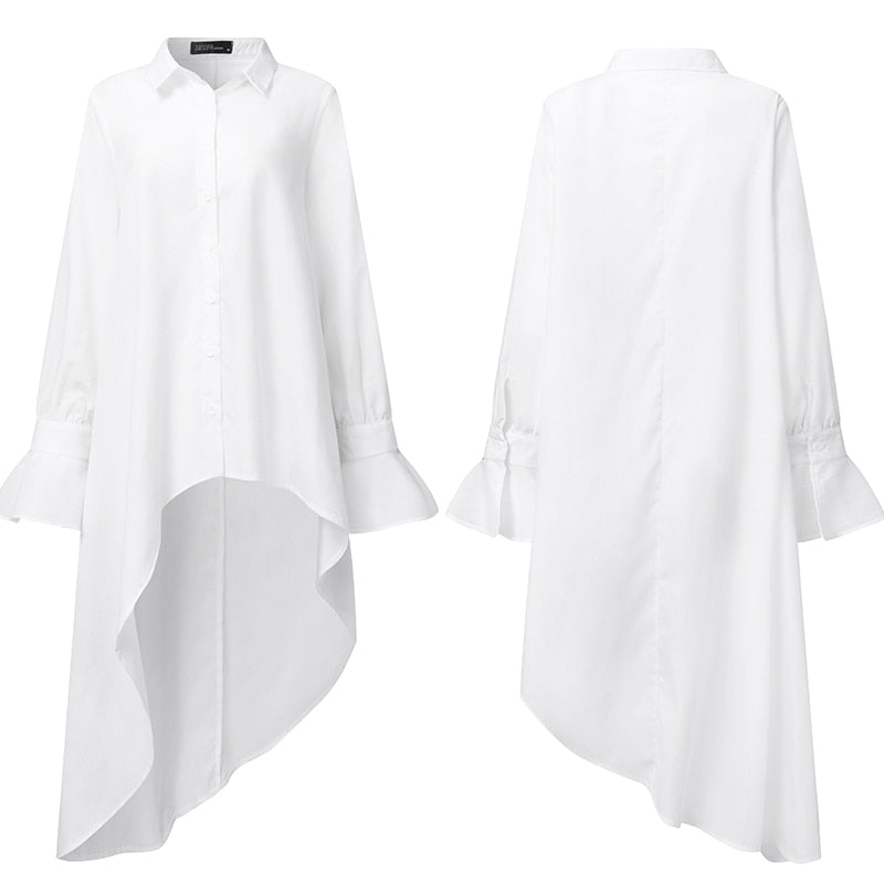 Women's Asymmetrical Blouse 2021 ZANZEA Elegant Flouce Sleeve Shirts Casual Button Down Blusa Female Lapel Tunic Oversized Top