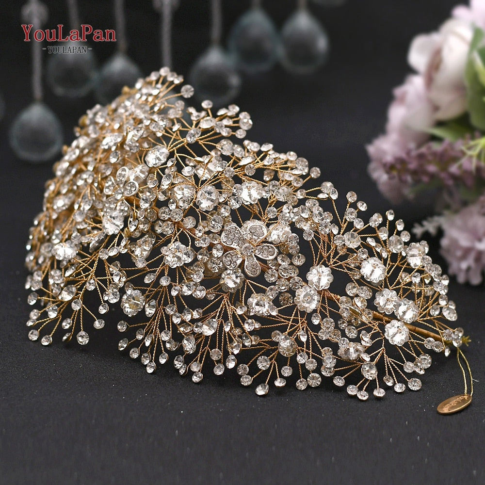 YouLaPan HP240 Golden Bride Hair Accessories Crystal Wedding Hair Jewelry Fascinator for Wedding Rhinestone Wedding Tiara