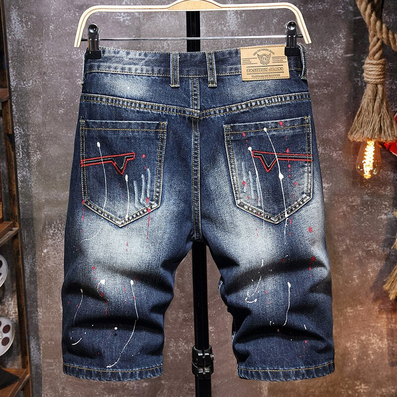 Men's Graffiti Ripped Short Jeans 2021 Summer New Fashion Casual Slim Big Hole Retro Style Denim Shorts Male Brand Clothes