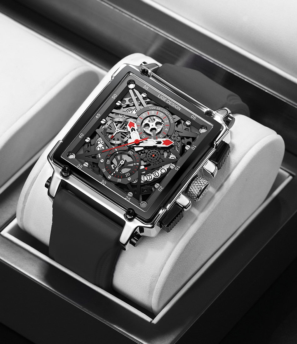 2022 New LIGE Men Watches Top Brand Luxury Hollow Square Sport Watch For Men Fashion Silicone Strap Waterproof Quartz WristWatch