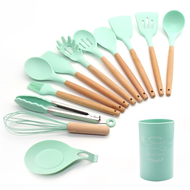 Silicone Cooking Utensils 11/12/13Pcs Kitchen Utensil Set Non-stick Spatula Wooden Handle with Storage Box Kitchen Appliances