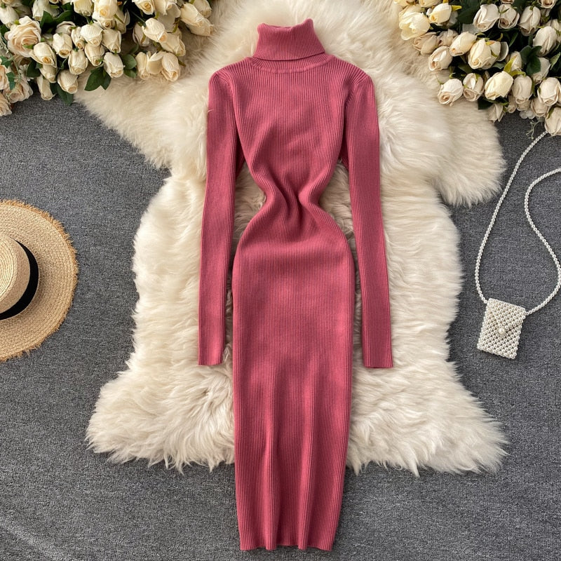 Dresses for Women 2022 Sexy Turtleneck Knitted Bodycon Dress Women Autumn Winter Long Sleeve Sweater Dress