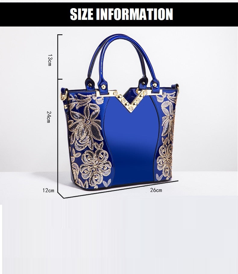 AMELISH Luxury Bag for Women 2022 High Quality Patent Leather Flower Embroidery Diamond Tote Handbag Fashion Female Shoulder Bag