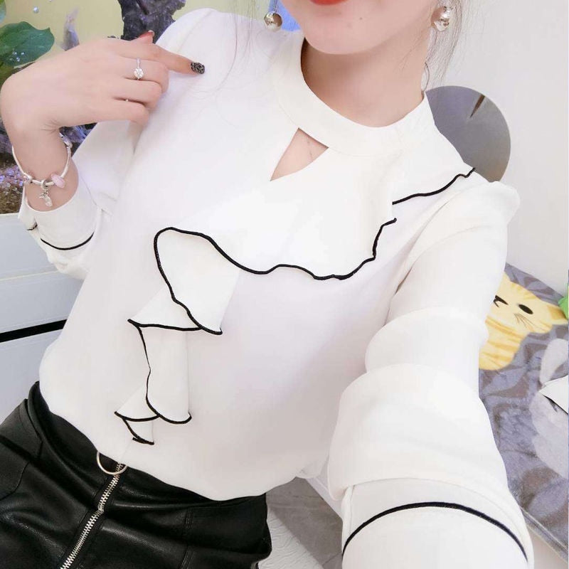 Women Spring Summer Style Chiffon Blouses Shirts Lady Casual Long Sleeve Ruffles Decor Stand Collar Chiffon Blusas Tops DF3148