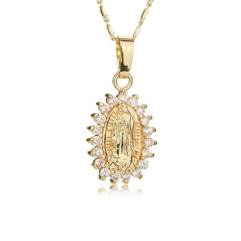 CWEEL Virgin Mary Necklace Gold Color Bijoux Imitation Crystal Statement Necklace Women Fashion Pendant Catholic Jewelry