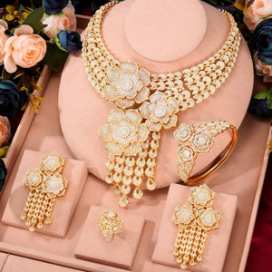 Tassel Drop Rose Flower Boom Full Micro Cubic Zirconia Women Wedding Dress Necklace Earring Jewelry Set