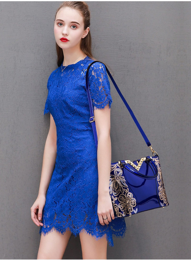 AMELISH Luxury Bag for Women 2022 High Quality Patent Leather Flower Embroidery Diamond Tote Handbag Fashion Female Shoulder Bag