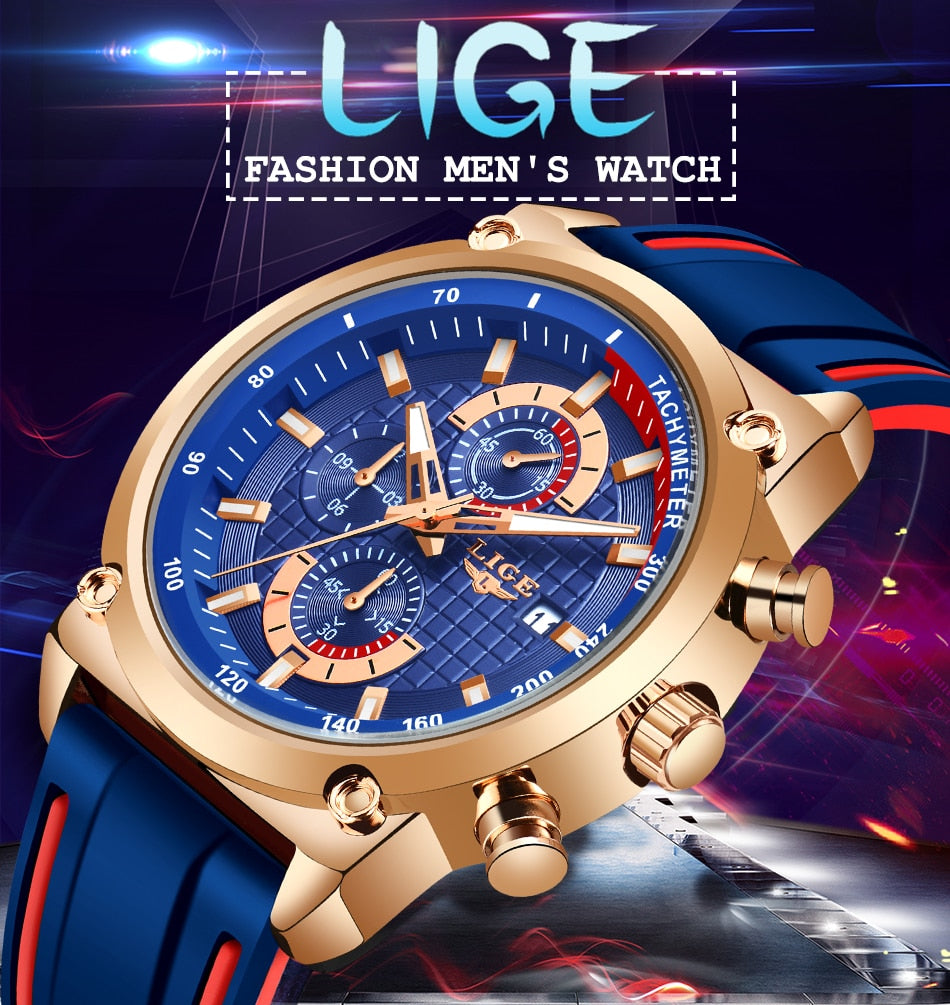 2022 LIGE New Mens Watches Top Brand Luxury Dial Clock Male Fashion Silicone Waterproof Quartz Gold Watch Men Sport Chronograph