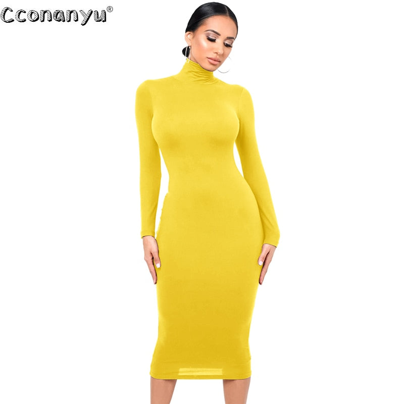 Winter Black Turtleneck Sexy Women Dress Autumn Long Sleeve Skinny Midi Boydcon Casual Blue Plush Knee-Length Party Club